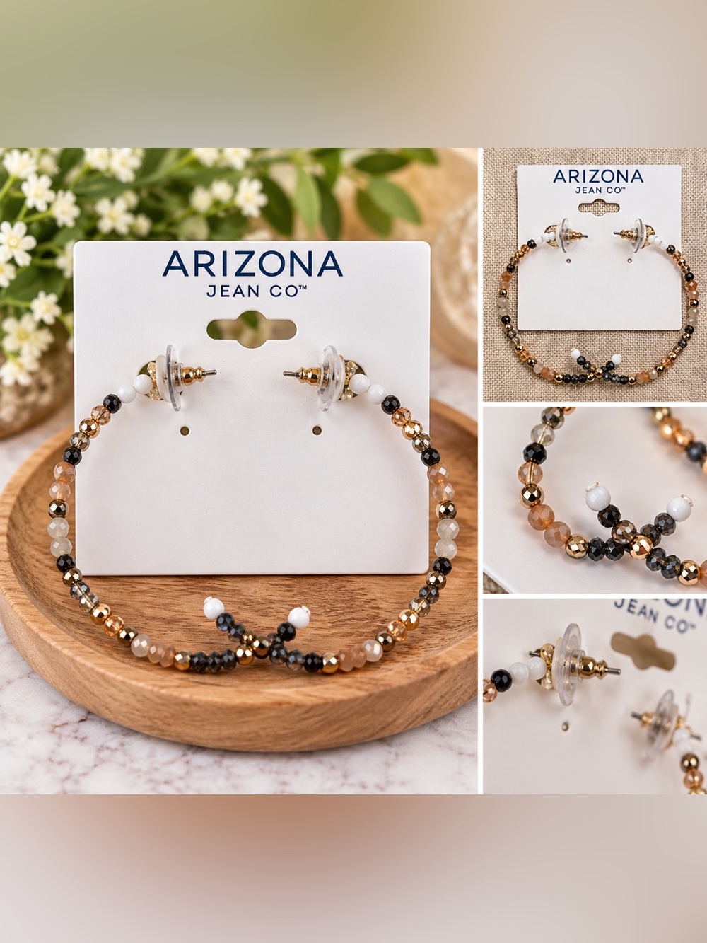 Arizona Jean Company Beaded Hoop Earrings – White Gold Black Boho Statement